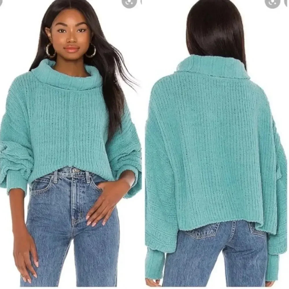 Free People Be Yours Pullover Aqua Emerald Blue Chunky Knit Medium